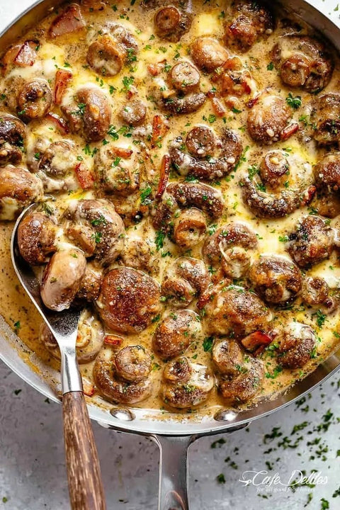 Creamy garlic mushrooms & bacon recipe for dinner ideas - Minervaspices
